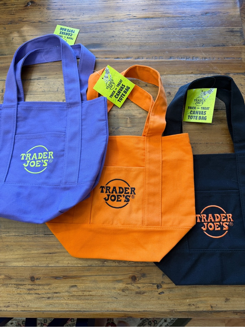 Trader Joe's Mini Canvas Tote - Orange, Purple, Black lot of 3 bags HALLOWEEN